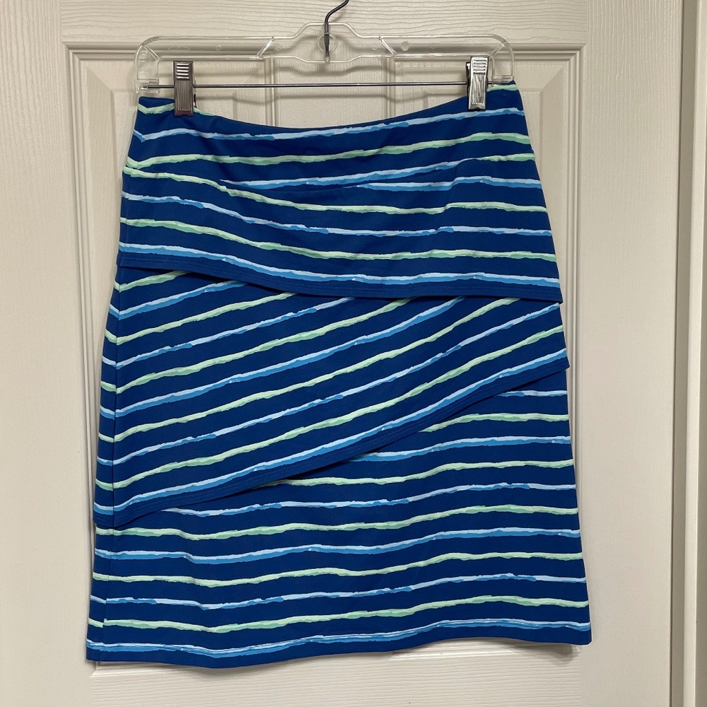 J. McLaughlin Nicola blues, lime green and white stripe pull on skirt in size S